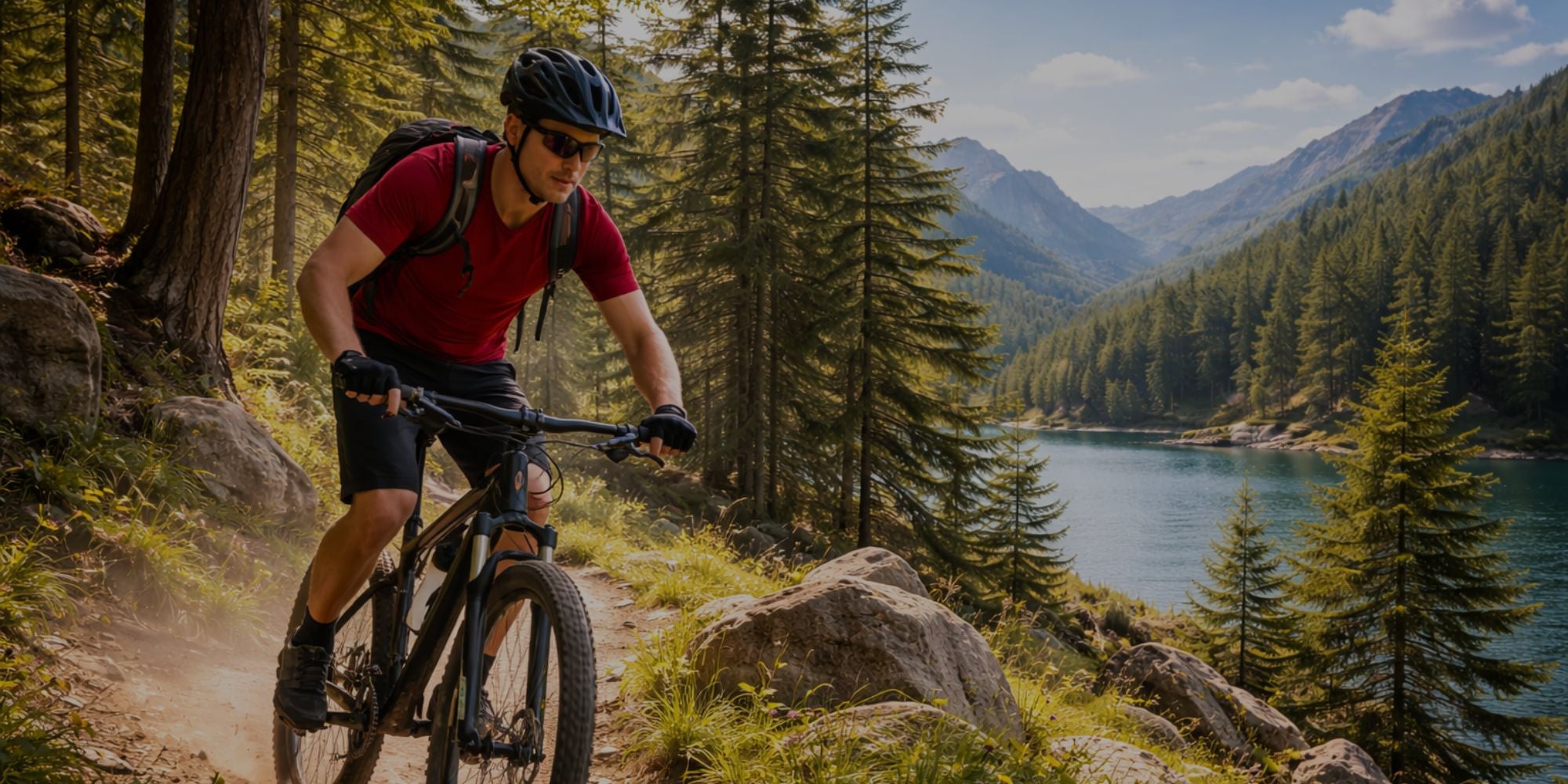 Man riding a mountain bike along a trail with a scenic lake and mountains in the background.
