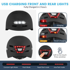 Adult Bike Helmet LED Lights Front Back Cycling Scooter Skating