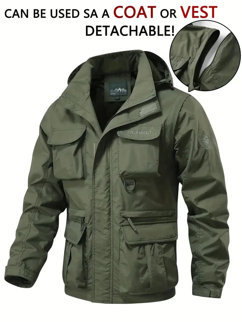 Men Detachable Hooded Jacket Waterproof Windproof Multi Pocket Outdoor