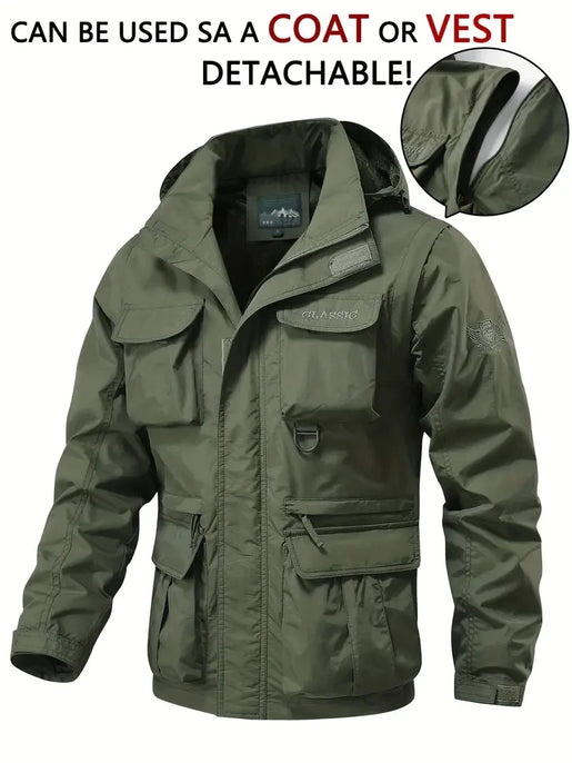 Men Detachable Hooded Jacket Waterproof Windproof Multi Pocket Outdoor