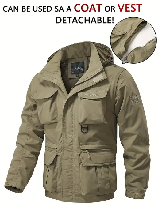 Men Detachable Hooded Jacket Waterproof Windproof Multi Pocket Outdoor