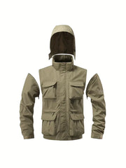 Men Detachable Hooded Jacket Waterproof Windproof Multi Pocket Outdoor