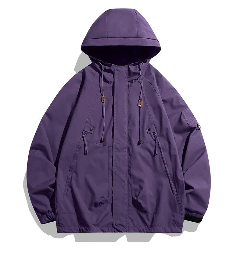 Men Hooded Windbreaker Jacket Waterproof Zipper Cargo Hiking Coat