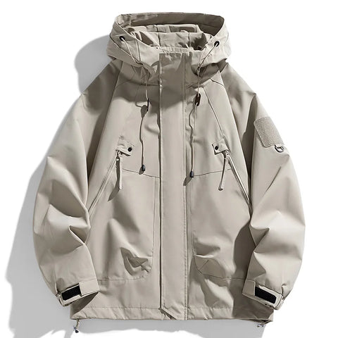 Men Hooded Windbreaker Jacket Waterproof Zipper Cargo Hiking Coat