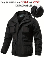 Men Detachable Hooded Jacket Waterproof Windproof Multi Pocket Outdoor