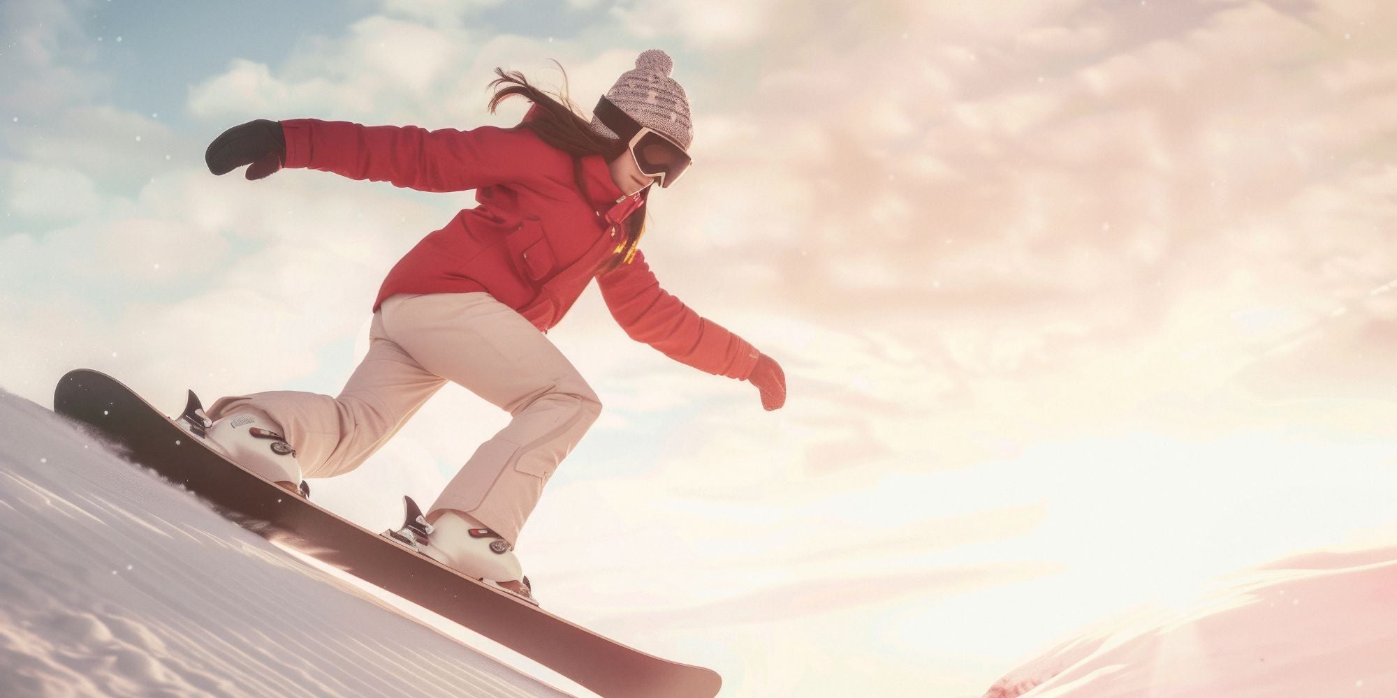 Person snowboarding on a snowy slope with a blurred background